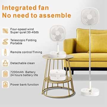 Portable Pedestal Fan - Foldaway Standing Fan Foldable Desk Fan, Use 7200Mah Rechargeable Battery, Remote Control Telescopic 4 Speed Quiet Timer Fan for Home Kitchen Outdoor Camping (White)