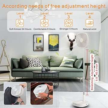 Portable Pedestal Fan - Foldaway Standing Fan Foldable Desk Fan, Use 7200Mah Rechargeable Battery, Remote Control Telescopic 4 Speed Quiet Timer Fan for Home Kitchen Outdoor Camping (White)