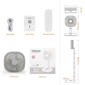 Portable Pedestal Fan - Foldaway Standing Fan Foldable Desk Fan, Use 7200Mah Rechargeable Battery, Remote Control Telescopic 4 Speed Quiet Timer Fan for Home Kitchen Outdoor Camping (White)