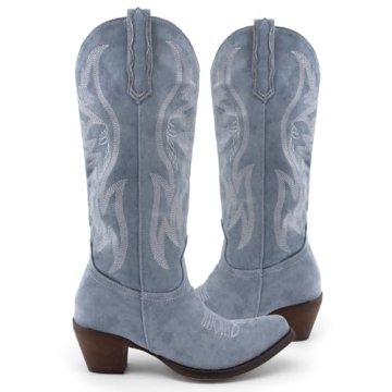 KaroNairy Cowboy Boots for Women in Faux Suede with Embroidery
