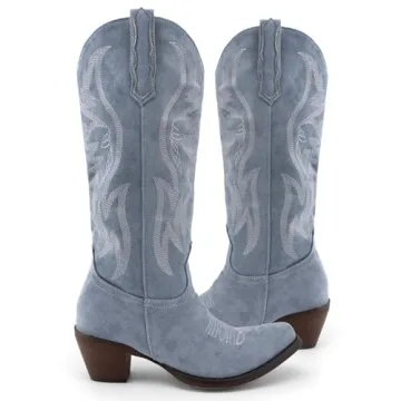 KaroNairy Cowboy Boots for Women in Faux Suede with Embroidery