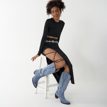 KaroNairy Cowboy Boots for Women in Faux Suede with Embroidery