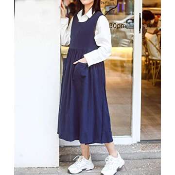 losofar Women Plus Size Cotton Linen Vintage Pleated Split Apron Pinafore Dress with Two Pockets (Na...