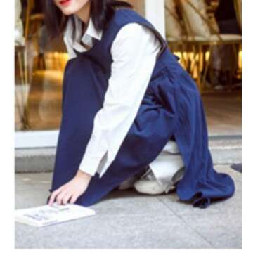 losofar Women Plus Size Cotton Linen Vintage Pleated Split Apron Pinafore Dress with Two Pockets (Navy, 43.4" L)