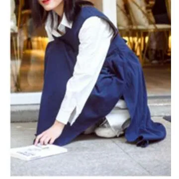 losofar Women Plus Size Cotton Linen Vintage Pleated Split Apron Pinafore Dress with Two Pockets (Navy, 43.4" L)