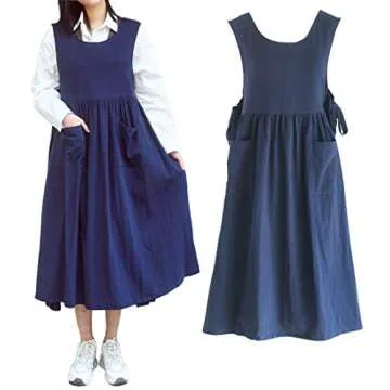 losofar Women Plus Size Cotton Linen Vintage Pleated Split Apron Pinafore Dress with Two Pockets (Navy, 43.4" L)