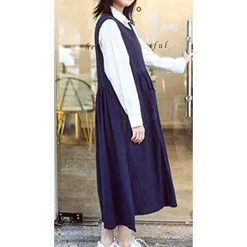 losofar Women Plus Size Cotton Linen Vintage Pleated Split Apron Pinafore Dress with Two Pockets (Navy, 43.4" L)