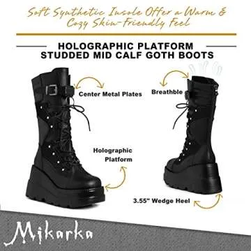 mikarka Womens Holographic Platform Mid Calf Combat Boots Lace Up Wedge Heel Studded Goth Knee High Boots