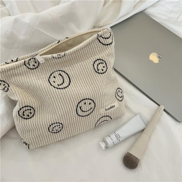 Cute Corduroy Cosmetic Bag for Women - Smile Dots Design