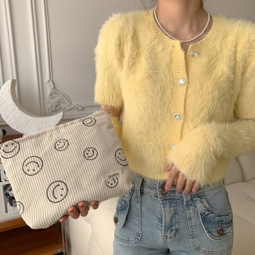 Cute Corduroy Cosmetic Bag for Women - Smile Dots Design