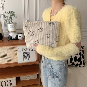 Cute Corduroy Cosmetic Bag for Women - Smile Dots Design
