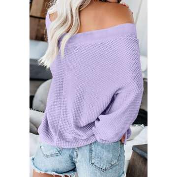 ReachMe Womens Oversized Off The Shoulder Tops Long Sleeve Waffle Knit Shirt V Neck Pullover Sweater(Purple,S)