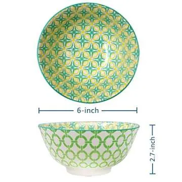 YALONG 6 Inch Porcelain Bowls Set of 4 Assorted Designs Vibrant Colors, Microwave&Dishwasher Safe, Dessert Bowls Serving for Cereal, Soup, Salad Bowls, Stackable 24 Ounce Bowls Set for Father's Day