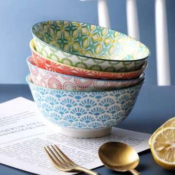 YALONG 6 Inch Porcelain Bowls Set of 4 Assorted Designs Vibrant Colors, Microwave&Dishwasher Safe, Dessert Bowls Serving for Cereal, Soup, Salad Bowls, Stackable 24 Ounce Bowls Set for Father's Day