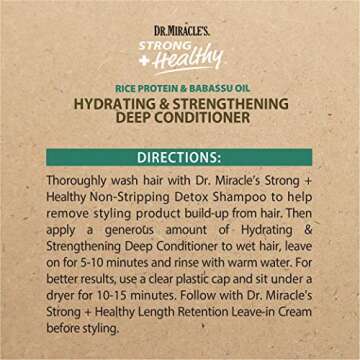 Dr. Miracle's Strong & Healthy Hydrating & Strengthening Deep Conditioner. Contains Coconut Oil to provide intense moisture and repair damaged hair.