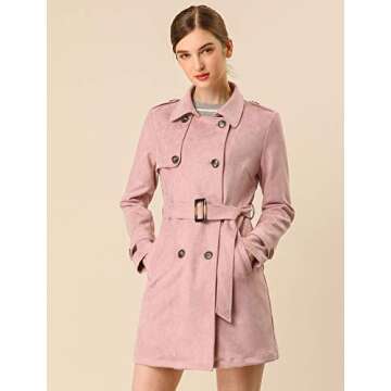 Allegra K Women's Faux Suede Trench Coat Notched Lapel Double Breasted Jacket with Belt Large Pink
