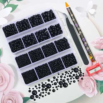6540PCS Black Resin Flat Back Pearls Rhinestones,Mixed Size 2/3/4/5/6/8/10mm Half Round Pearl Beads Nail Gems Rhinestone with Tweezers and Picker Pencil for Crafts Nail DIY Decoration