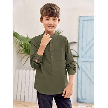 Inorin Boys Linen Shirt Button Up Henley Long Sleeve Dress Shirts Cotton Lightweight Tees Tops with ...