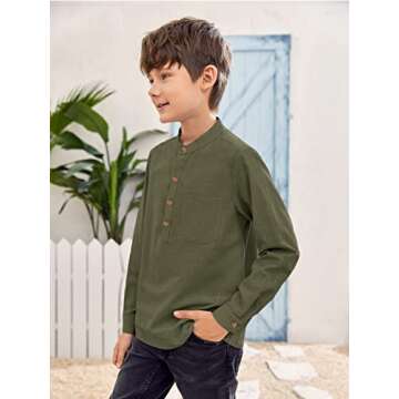 Inorin Boys Linen Shirt Button Up Henley Long Sleeve Dress Shirts Cotton Lightweight Tees Tops with One Pocket Army Green