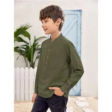 Inorin Boys Linen Shirt Button Up Henley Long Sleeve Dress Shirts Cotton Lightweight Tees Tops with One Pocket Army Green