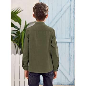 Inorin Boys Linen Shirt Button Up Henley Long Sleeve Dress Shirts Cotton Lightweight Tees Tops with One Pocket Army Green