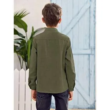 Inorin Boys Linen Shirt Button Up Henley Long Sleeve Dress Shirts Cotton Lightweight Tees Tops with One Pocket Army Green