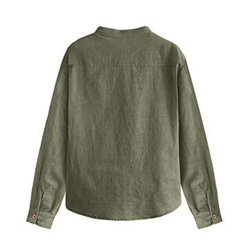 Inorin Boys Linen Shirt Button Up Henley Long Sleeve Dress Shirts Cotton Lightweight Tees Tops with One Pocket Army Green