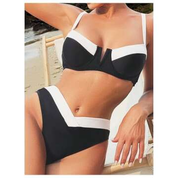 SOLY HUX Women's Two Piece Bathing Suit Color Block High Cut Swimsuit Bikini Sets Black and White Colorblock Large