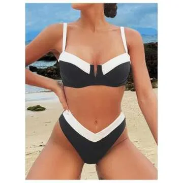 SOLY HUX Women's Two Piece Bathing Suit Color Block High Cut Swimsuit Bikini Sets Black and White Colorblock Large