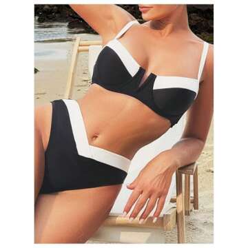 SOLY HUX Women's Two Piece Bathing Suit Color Block High Cut Swimsuit Bikini Sets Black and White Colorblock Large