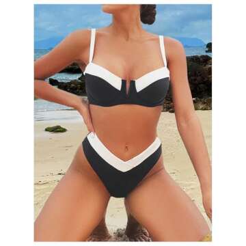 SOLY HUX Women's Two Piece Bathing Suit Color Block High Cut Swimsuit Bikini Sets Black and White Colorblock Large
