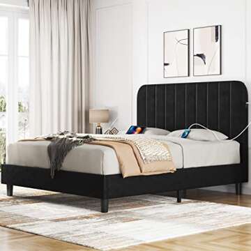 Yaheetech Queen Bed Frame Velvet Upholstered Platform Bed with 2 USB Charging Stations/Ports for Type A&Type C, Seamlessly Connected Headboard/Noise-Free/Wood Slats Support, Black Queen Bed