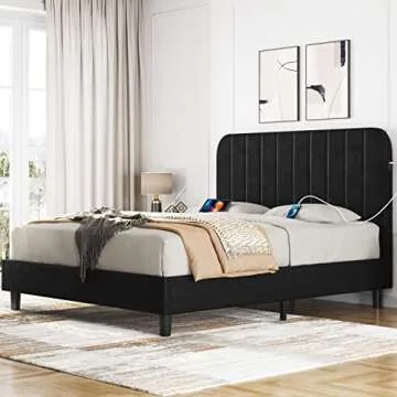 Yaheetech Queen Bed Frame Velvet Upholstered Platform Bed with 2 USB Charging Stations/Ports for Type A&Type C, Seamlessly Connected Headboard/Noise-Free/Wood Slats Support, Black Queen Bed