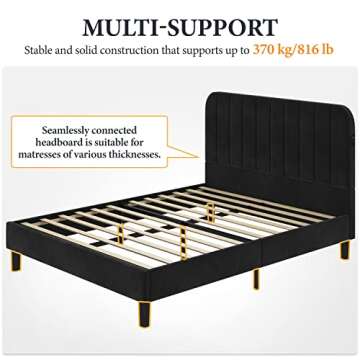 Yaheetech Queen Bed Frame Velvet Upholstered Platform Bed with 2 USB Charging Stations/Ports for Type A&Type C, Seamlessly Connected Headboard/Noise-Free/Wood Slats Support, Black Queen Bed