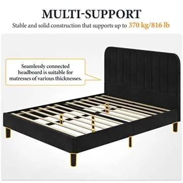 Yaheetech Queen Bed Frame Velvet Upholstered Platform Bed with 2 USB Charging Stations/Ports for Type A&Type C, Seamlessly Connected Headboard/Noise-Free/Wood Slats Support, Black Queen Bed