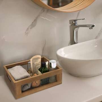 Set of 2 Nesting Countertop Baskets - Wooden Organizer Crates for Kitchen, Bathroom, Pantry | For Fruit, Vegetables, Produce, Bread and General Storage Space | Decorative Rustic Wood and Metal Wire