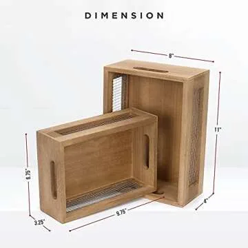 Set of 2 Nesting Countertop Baskets - Wooden Organizer Crates for Kitchen, Bathroom, Pantry | For Fruit, Vegetables, Produce, Bread and General Storage Space | Decorative Rustic Wood and Metal Wire