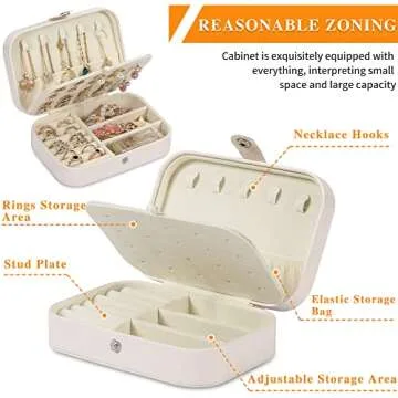 XZUZ Travel Jewelry Box, PU leather Small Jewelry Organizer For Female Girls, double layer portable mini travel case for storing earrings, rings, necklaces.(White)
