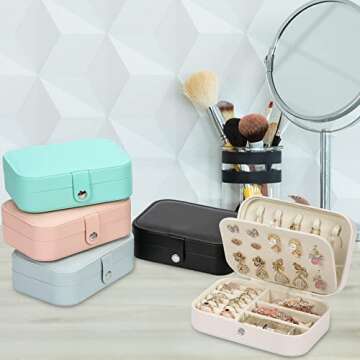 XZUZ Travel Jewelry Box, PU leather Small Jewelry Organizer For Female Girls, double layer portable mini travel case for storing earrings, rings, necklaces.(White)