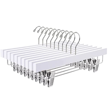 Amber Home 10 Pack White Wooden Pants Hangers with Clips, Wood Skirt Hangers Trouser Hangers for Jea...