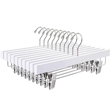 Amber Home 10 Pack White Wooden Pants Hangers with Clips, Wood Skirt Hangers Trouser Hangers for Jea...
