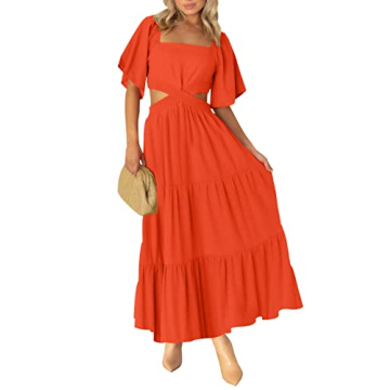 LEANI Women Summer Short Sleeve Square Neck Cutout Boho Sundress Long Flowy Cocktail Party Dresses