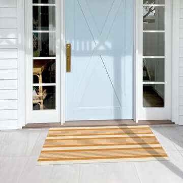 Orange Striped Outdoor Rug, 2'x4.3' Cotton Hand-Woven Reversible Area Rug Fall Front Porch Rug Washable Front Door Mat Welcome Layered Halloween Doormat Small Rug for Entryway, Farmhouse, Autumn Decor