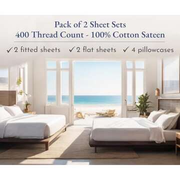 California Design Den 2-Pack Sheet Sets King Size - 400 Thread Count 100% Cotton Sateen - Extra Soft...
