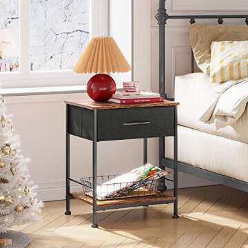 WLIVE Night Stand, Side Table with Fabric Storage Drawer, Small Nightstand, Bedside Table End Table for Bedroom, Dorm, Open Wood Shelf, Steel Frame, Black and Rustic Brown