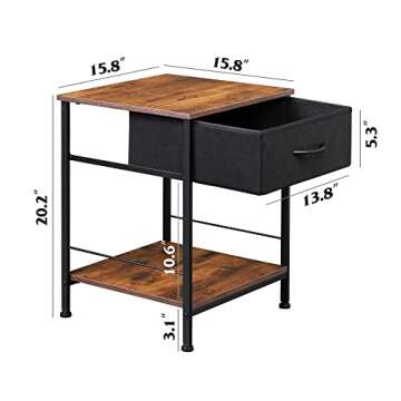 WLIVE Night Stand, Side Table with Fabric Storage Drawer, Small Nightstand, Bedside Table End Table for Bedroom, Dorm, Open Wood Shelf, Steel Frame, Black and Rustic Brown