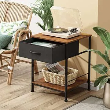 WLIVE Night Stand, Side Table with Fabric Storage Drawer, Small Nightstand, Bedside Table End Table for Bedroom, Dorm, Open Wood Shelf, Steel Frame, Black and Rustic Brown