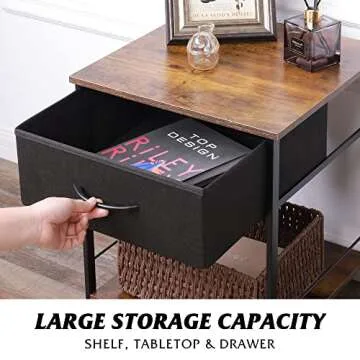 WLIVE Night Stand, Side Table with Fabric Storage Drawer, Small Nightstand, Bedside Table End Table for Bedroom, Dorm, Open Wood Shelf, Steel Frame, Black and Rustic Brown