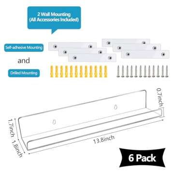 Acrylic Floating Shelves, Modern Wall Shelves for Bathroom, Living Room, Bedroom, Kitchen, Easy Installation with Adhesive Stickers or Drill, for Wall Storage & Décor 13.8" (Clear 6 Pack)