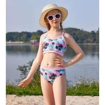 Beach Swim Suit Girls 3-Piece Plam Tree Rash Guard Set for Girls Size 12 13 Pink Kids Rashguard Shir...
